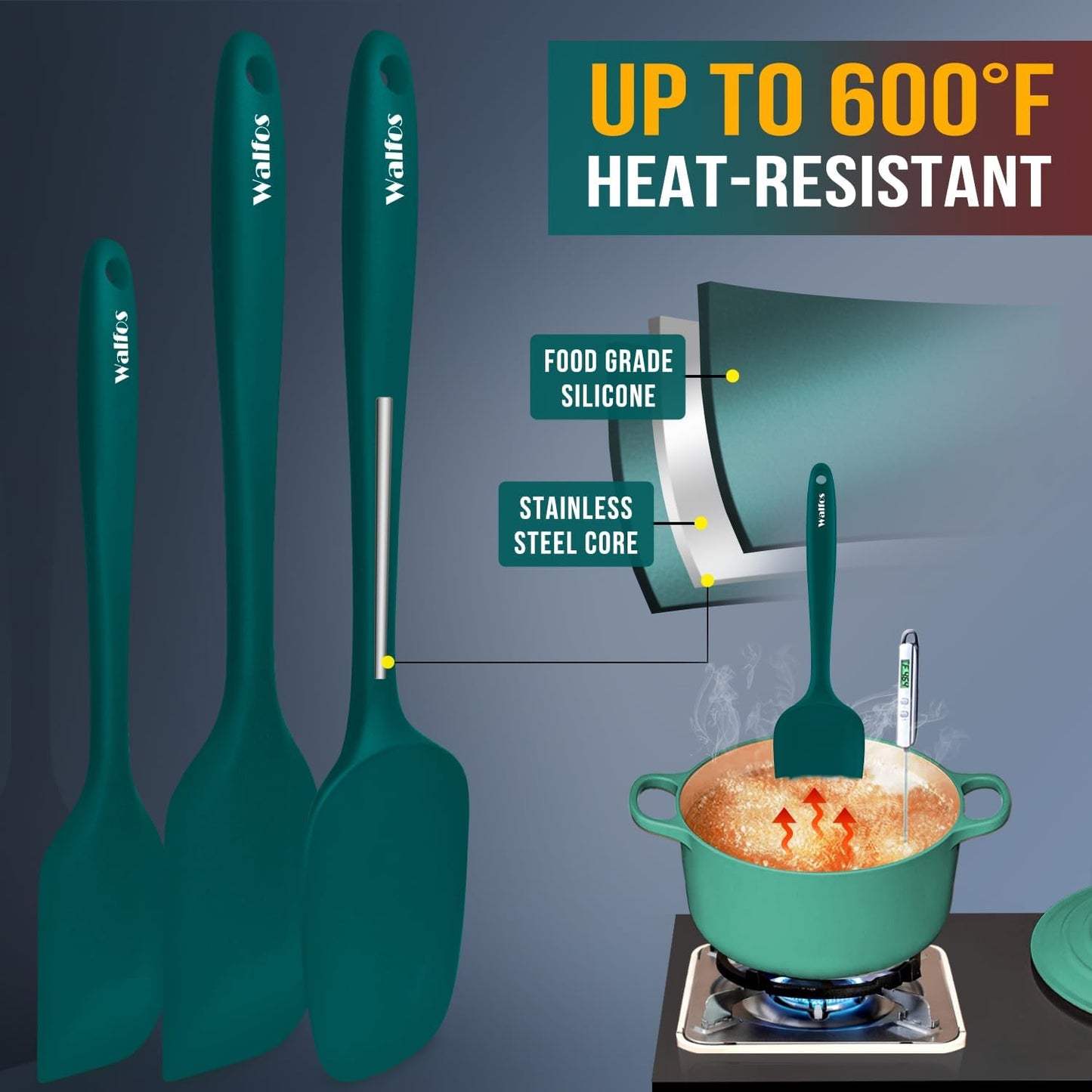 Walfos Silicone Spatula Set of 5 - (600°F) High Heat Resistant Kitchen Scraper Spatulas, One-Pieces Seamless Design, Perfect for Cooking Mixing & Baking - BPA Free and Dishwasher Safe,black