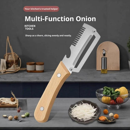 2PCS 3-in-1 Multifunctional Vegetable Peeler, Multifunctional Stainless Steel Peeler, Wooden Peeler, with Bottle Opener & Green Onion Comb Teeth, Kitchen Peeling Tool ﻿