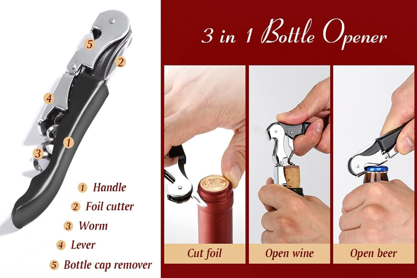Kit-Home Professional Waiter Corkscrew Wine Openers Set (4 PCS),Upgraded with Heavy Duty Stainless Steel Hinges Wine Key for Restaurant Waiters, Sommelier, Bartenders