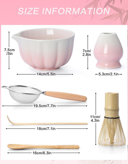 Matcha Whisk Set, 7 Pcs, Matcha Kit Includes Matcha Bowl, Matcha Whisk and Holder, Bamboo Scoop, Spoon, Sifter and Tea Towel, Matcha Set, Gift for Matcha Lovers & Beginners (Pink)