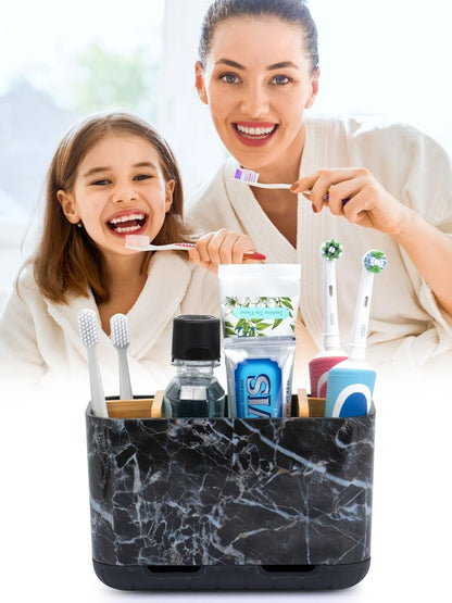 GFWARE Toothbrush Holders for Bathrooms, 5 Slots Bamboo Toothbrush Holder Kids Electric Toothbrush Holder and Toothpaste Holder for Bathroom Countertop Accessories Storage, Marble Toothbrush Organizer