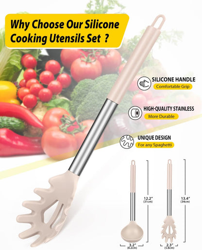 Silicone Pasta Fork and Ladle Spoon Set, Large Non Stick Kitchen Utensils for Cooking,Stirring,Serving Spaghetti, Soup, Sauce (GRAY)