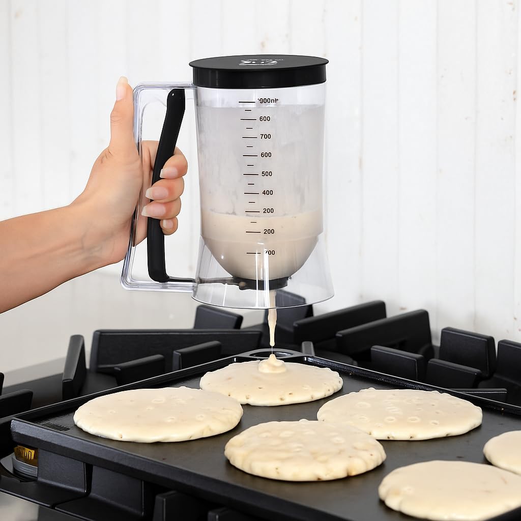 Pancake Batter Dispenser - Kitchen Must Have Tool for Perfect Pancakes, Cupcake, Waffle, Muffin Mix, Cake & Crepe - Easy Pour Baking Supply for Griddle - Pancake Maker with Measuring Label (Turquoise)
