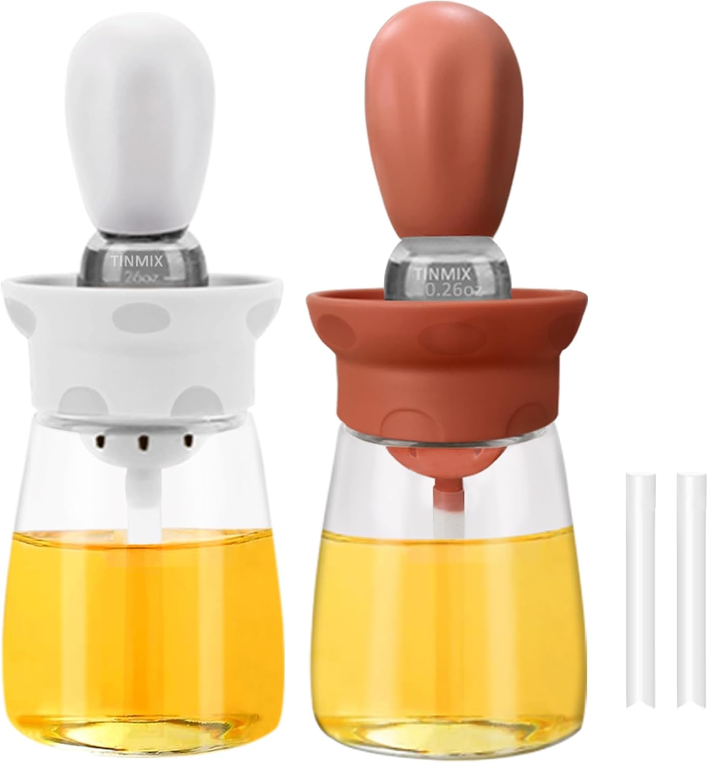 Oil Dispenser Bottle with Brush - 2 IN 1 Kitchen Olive Oil Container with Silicone Pastry Basting Brush for Cooking Vinegar Sauce BBQ Grill Frying, T-OB22, White