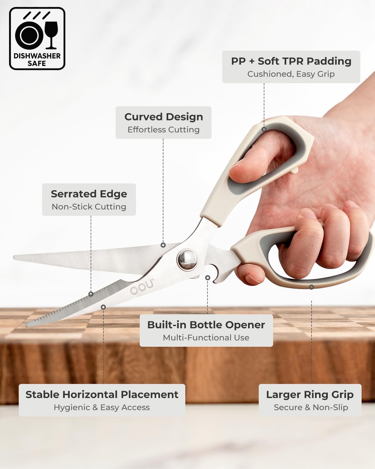 OOU White Bear Kitchen Scissors, All Purpose Heavy Duty Sharp Kitchen Shears Dishwasher Safe, Cooking Shears for Meat Chicken Fish Poultry Herb Bread