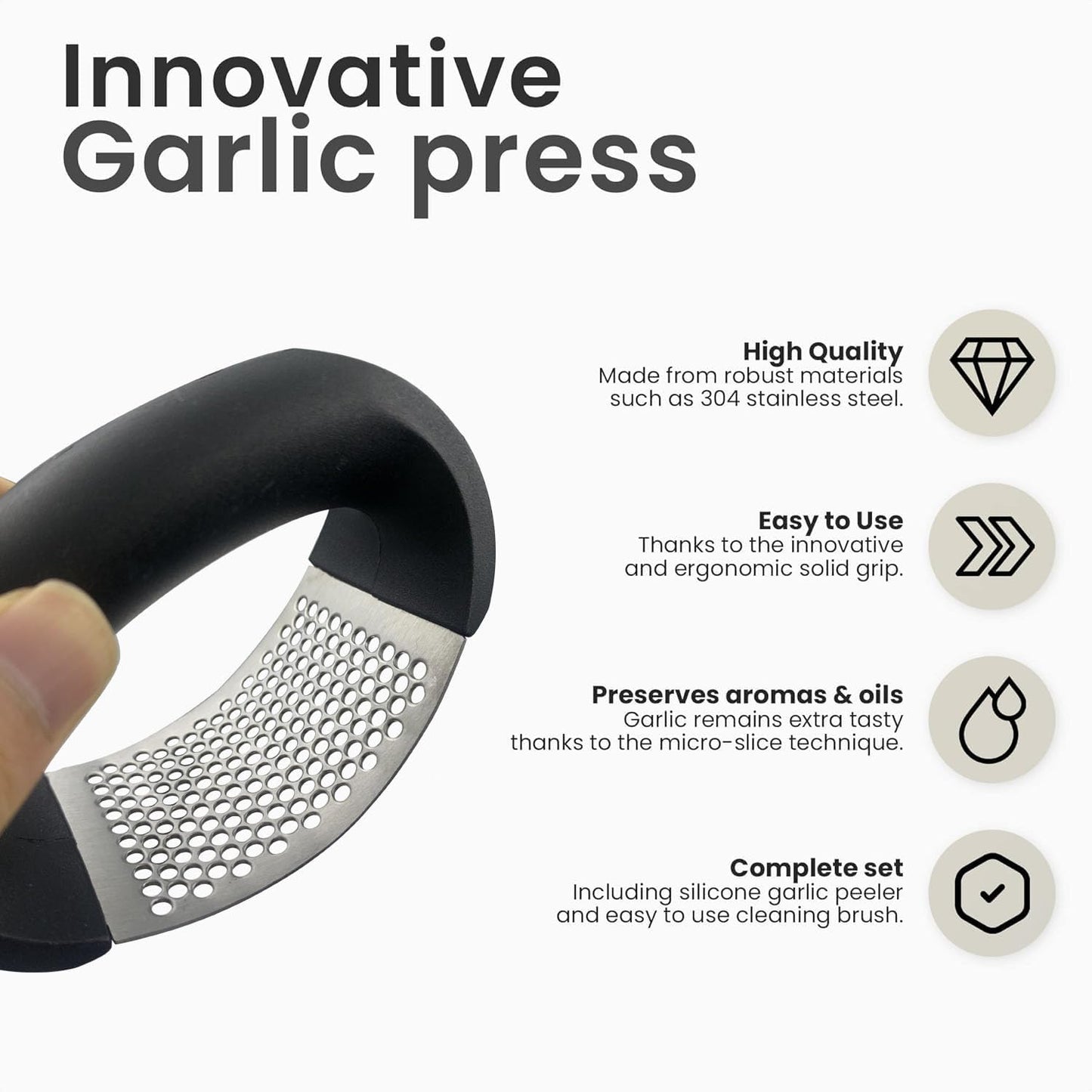 Innovative Rocking Garlic Press Set–Premium Stainless Steel Garlic Crusher with Ergonomic Handle,Includes Garlic Peeler&Cleaning Brush,Easy to Clean,Effortless Mincing Tool for Kitchen