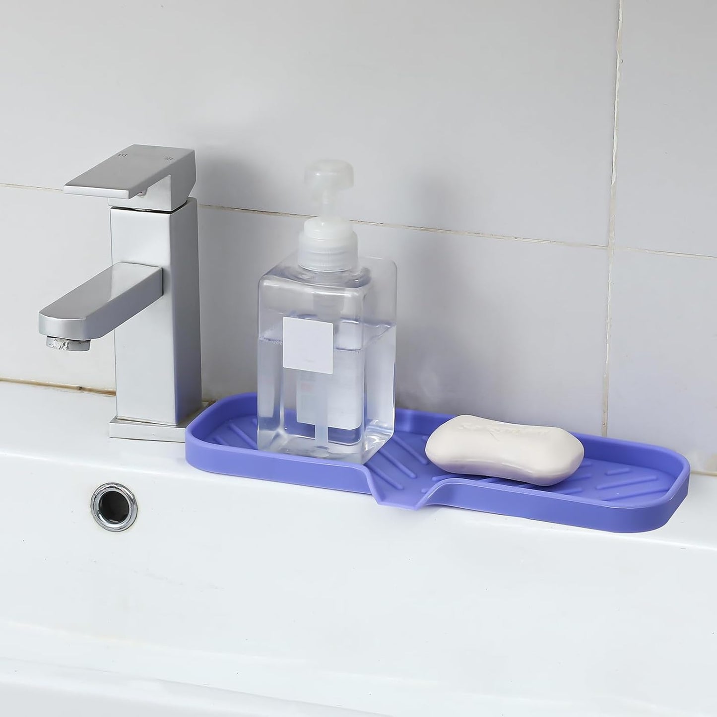 MicoYang Silicone Soap Dish with Drain Spout, Self-Draining Sink Organizer Tray for Bathroom and Kitchen, Sponges, Dispensers and Soap Holder, Non-Slip and Dishwasher Safe, Black (Compact, 4.9"×3.2")