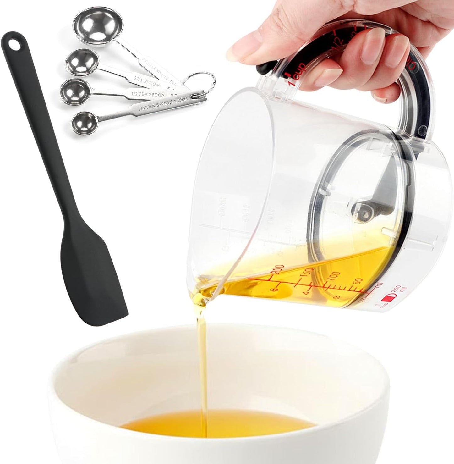 All-in-1 Adjustable Measuring Cup with Stainless Steel Measuring Spoons Set and Silicone Spatulas for Cooking/Baking/Ingredients, Kitchen Utensils Gadgets Cooking Lovers Gift(COLOR:Transparent)