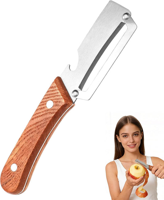 Roselli Wooden-Handled Stainless Steel Shredder and Peeler, Multifunctional Vegetable Peelers for Kitchen, Stainless Steel Peeler Knife with Wooden Handle & Bottle Opener (Shredder/Paring knife)