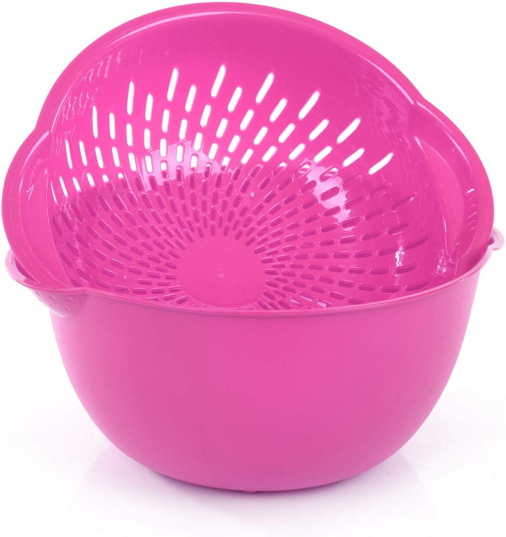 Mintra Home Mixing Bowl w/Colander (Large 4.5L, Red) - For Washing & Draining Fruits And Vegetables - Heavy Duty Plastic for Baking, Cooking Supplies - Dishwasher Safe