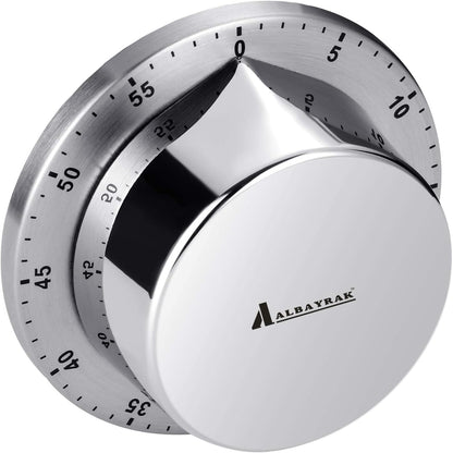 Albayrak Kitchen Timer, Chef Cooking Timer Clock with Loud Alarm, No Batteries Required, 100% Mechanical - Magnetic Backing, Exquisite Stainless Steel Body - Countdown Reminder - Silver 1Pack
