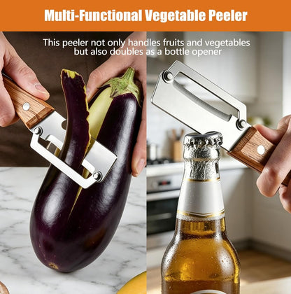 3PCS MultiFunctional Vegetable Peeler, 2 in 1 Stainless Steel Vegetable Peeler with Wooden Handle and Bottle Opener, Sharp Veggie Peeler, Peelers for Kitchen, Fruit Apple Potato Pumpkin Papaya
