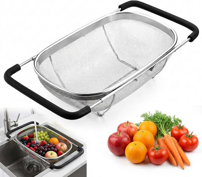 Over The Sink Colander, Fine Mesh Stainless Steel Strainers and Colanders, 6 Quarts Stainless Steel Oval Colander with Expandable Rubber Grip Handle, Steel Colander for Strain, Drain, Rinse