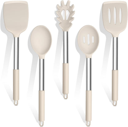 TeamFar Cooking Utensils Set, 5 PCS Silicone Kitchen Utensils with Stainless Steel Handle, for Nonstick Cookware Flipping Frying Turning Draining, Heatproof & Healthy, Nonstick & Easy Clean, Black