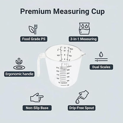 BPA-Free Plastic Measuring Cup 300ml/1 ½ Cup – Clear with Dual ml/cup Marks, Heat-Resistant 0-176°F, V-Shaped Spout for Drip-Free Pouring, Comfort Grip Handle for Baking & Cooking