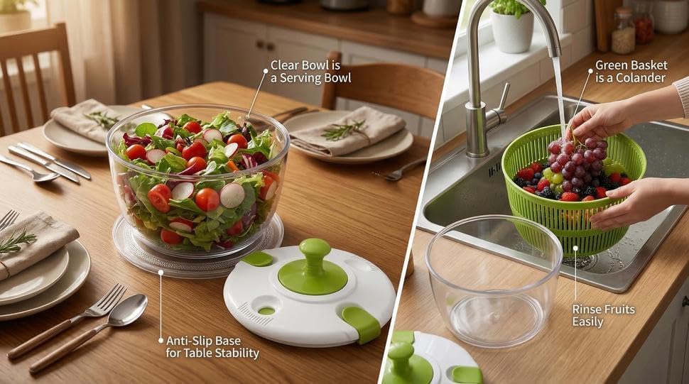 Salad Spinner-Lettuce Spinner | Best Fruit Washer with Spinner Bowl, Easy-Spin Handle, 5QT