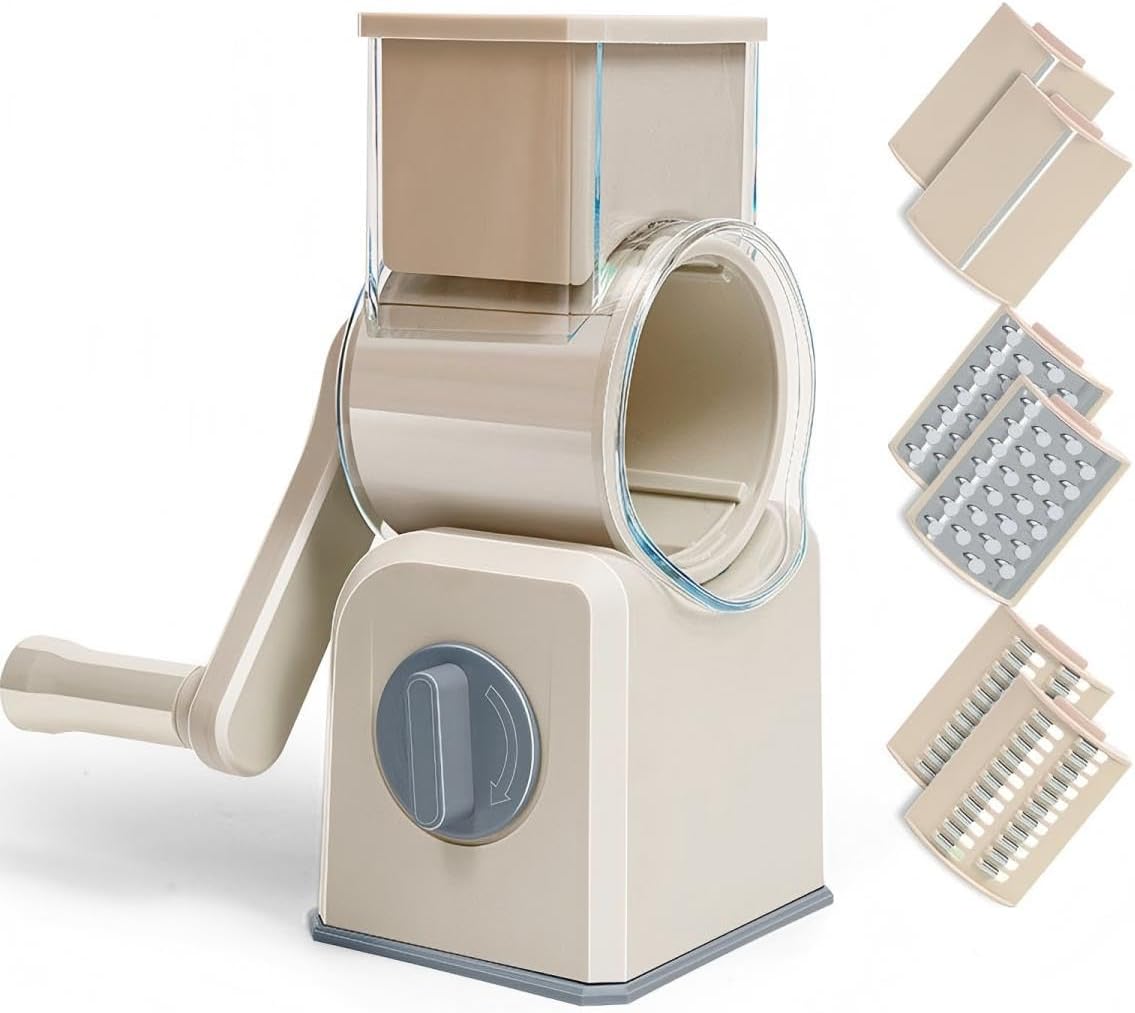Rotary Cheese Grater with Hand Crank, Multi-Purpose Shredder Slicer with 3 Interchangeable Stainless Steel Blades for Shredding, Slicing, and Grating Cheese, Vegetables, and Fruit (Beige)