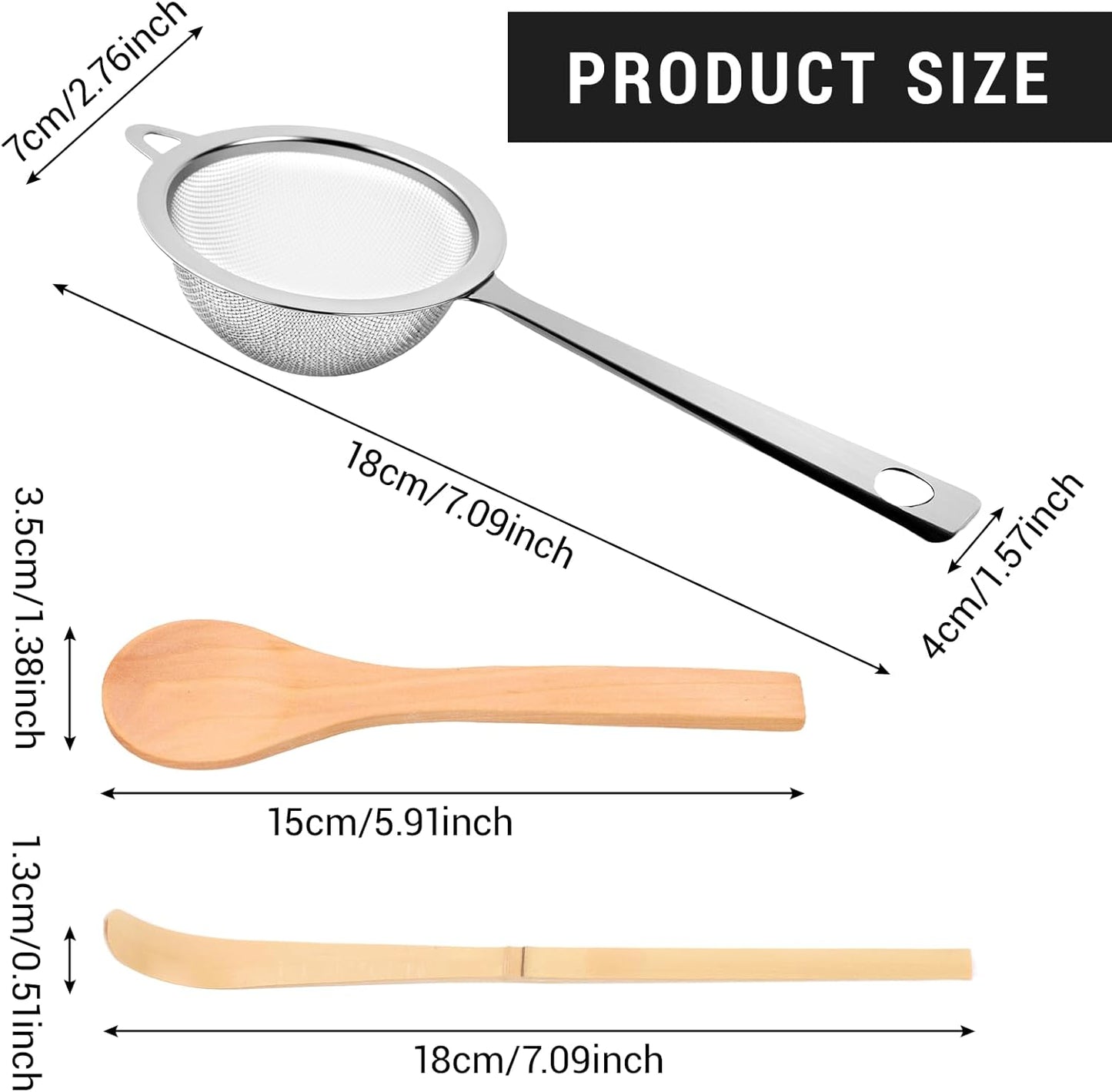 2 Pcs Matcha Strainer, Stainless Steel Matcha Sifter with Handles, Small Strainer Fine Mesh with Tea Spoon and Scoop