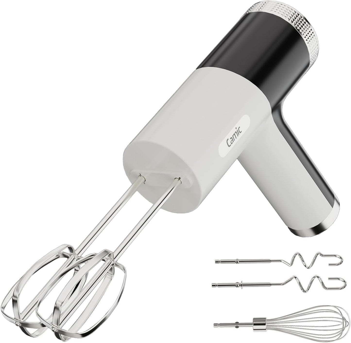 Camic Electric Hand Mixer with 9 Speeds, Powerful Motor, Cordless Hand Mixer with Whisk, Dough Hook and Mixing Rod for Whipping Eggs, Cream, Butter, Jam, Kneading Dough and Blending (White+Black)