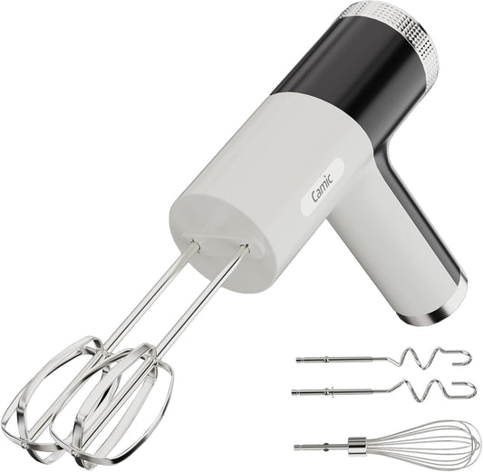 Camic Electric Hand Mixer with 9 Speeds, Powerful Motor, Cordless Hand Mixer with Whisk, Dough Hook and Mixing Rod for Whipping Eggs, Cream, Butter, Jam, Kneading Dough and Blending (White+Black)
