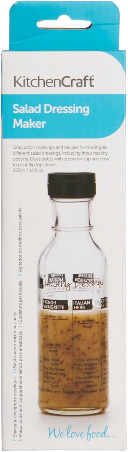 KitchenCraft KCDRESSERGLS Salad Dressing Shaker with Recipes, Glass, 355 ml