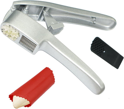 2-in-1 Professional Garlic Press and Peeler Set, Aluminium Press with Built-in Cleaner, Manual Crusher and Mincer for Unpeeled Garlic Cloves,Fast And Portable Garlic Peeler