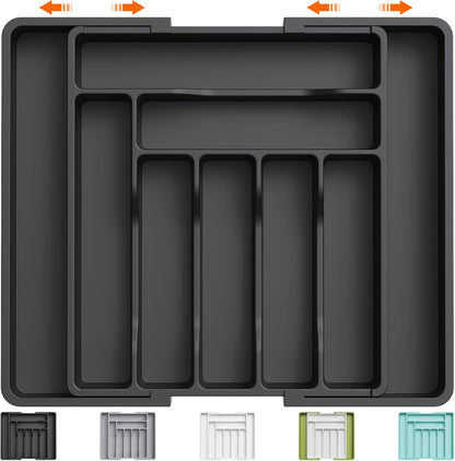 Lifewit Utensil Organizer for Kitchen Drawer, Expandable Cooking Silverware Tray, Adjustable Cutlery Flatware Holder, Plastic Spatula Tools Storage Divider, 14.4 x 15.8", Black
