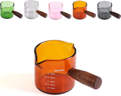 Amber 3.5oz Espresso Shot Glass Double Spouts with American Walnut Handle, Double Spout Glass Measuring Cup, Milk Frothing Pitcher