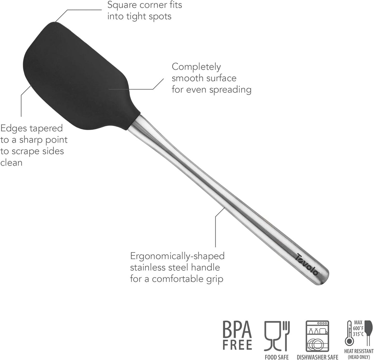 Tovolo Flex Core Silicone Spatula Spoonula Set of 2 for Non Stick Cast Iron Cooking & Baking, Dishwasher Safe Heat Resistant BPA Free Long Stainless Steel Handle Kitchen Utensil, Charcoal Gray