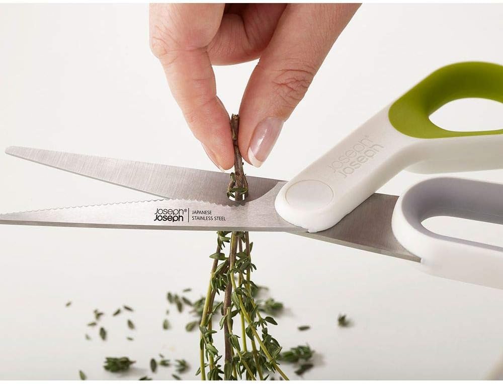 Joseph Joseph PowerGrip Kitchen Shears Scissors with Thumb Grip and Herb Stripper Separates for Cleaning Japanese Stainless-Steel, White/Green