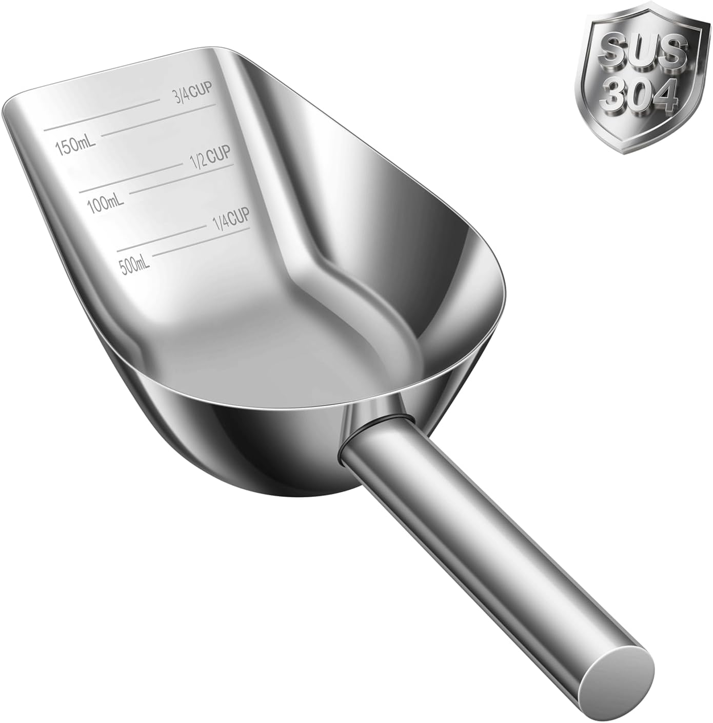 Pet cat-dog food-scoop measuring 1-cup - Food-grade 304 stainless steel material | 1-Cup capacity | Precision scale measurements