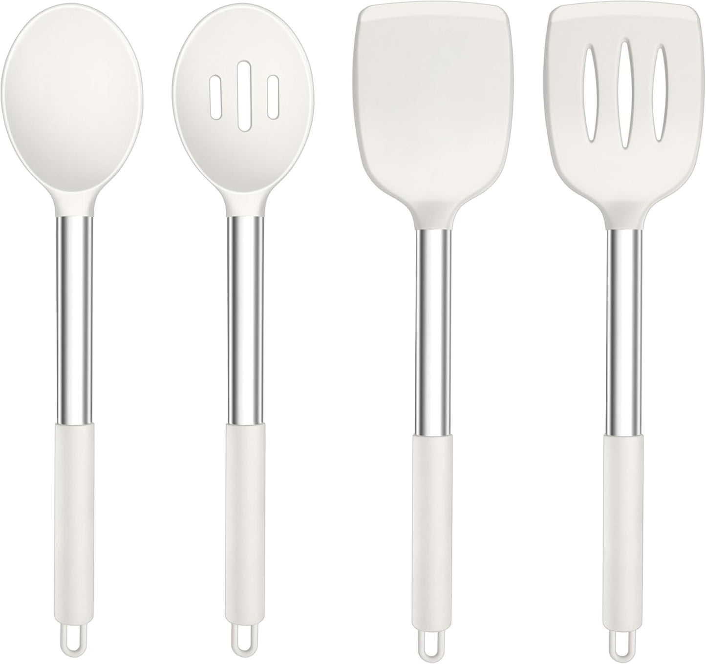 TeamFar Kitchen Utensils, 4 PCS Silicone Cooking Utensils Spatula Spoon Set with Stainless Steel Handle, for Frying Mixing Draining Turning, Healthy & Heat-proof, Non-stick & Dishwasher Safe - Black