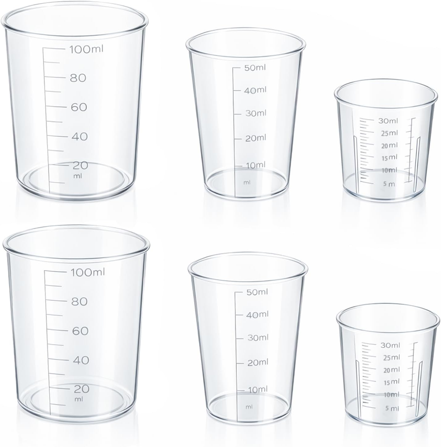 6 Pack Ounce Measuring Cup Set, 1/1.7/3.4 Oz (30/50/100ml) Transparent Liquid Plastic Measure Cups Graduated for Rice Baking Cooking Lab Small Mixing Cups