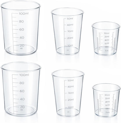 6 Pack Ounce Measuring Cup Set, 1/1.7/3.4 Oz (30/50/100ml) Transparent Liquid Plastic Measure Cups Graduated for Rice Baking Cooking Lab Small Mixing Cups