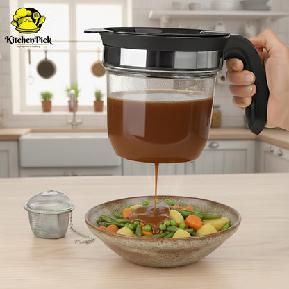 Fat Separator 1000ml with Bottom Release – Gravy & Grease Separator with Strainer for Easy Pouring, Durable Kitchen Tool with Tea Infuser Included