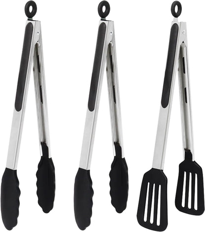 Mini Silicone Serving Tongs Set of 3, Small Kitchen Tongs (7 inch) with Silicone Tips and Stainless Steel Handle, Cooking Tongs for Salads, Pasta, Steaks, Vegetables