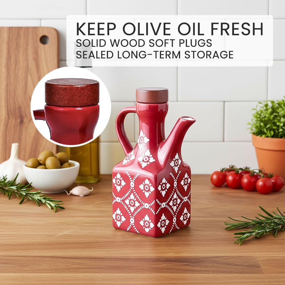 Ceramic Olive Oil Dispenser Bottle, 8.5 oz Decanter for Kitchen with Handle & Wooden Stopper, Green Decorative Oil and Vinegar Dispenser Set, Cooking Oil Container Cruet for Olive, Avocado, Vinegar