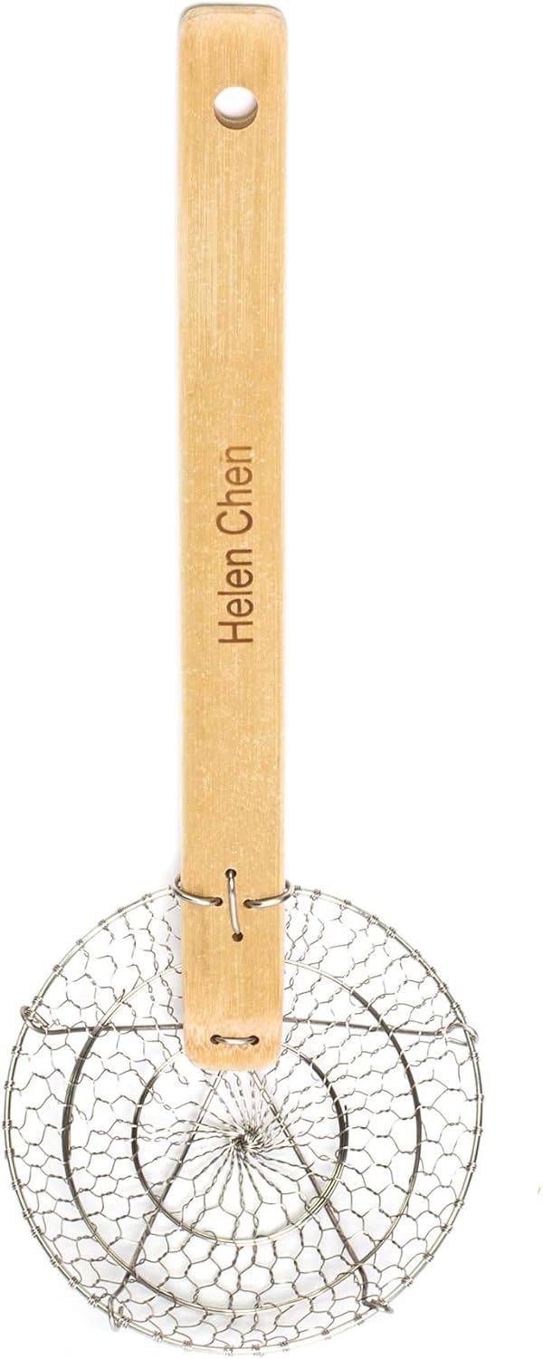 Helen's Asian Kitchen Spider Strainer, 5-Inch Stainless Steel Mesh Basket With Bamboo Handle, For Noodles, Dumplings, Wontons, Deep Frying, And Draining Tasks