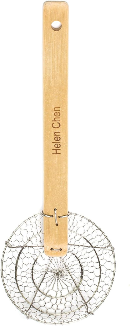 Helen's Asian Kitchen Spider Strainer, 5-Inch Stainless Steel Mesh Basket With Bamboo Handle, For Noodles, Dumplings, Wontons, Deep Frying, And Draining Tasks