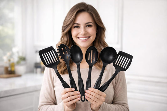Chhabi 6-Piece Silicone Cooking Utensils Set, Black Nonstick Kitchen Tools, Heat Resistant 446°F, BPA-Free & Non-Toxic, Dishwasher Safe, Durable X Size for Everyday Kitchen Use
