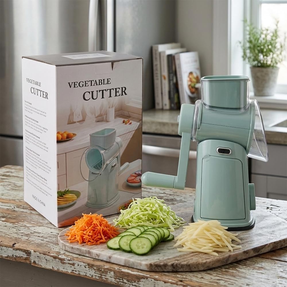 Rotary Cheese Grater Hand Crank, 10-Blade Shredder with Handle, Vegetable Slicer Mandoline Food Chopper, Strong Suction Base Kitchen Gadget for Cheese Vegetables Nuts – Green