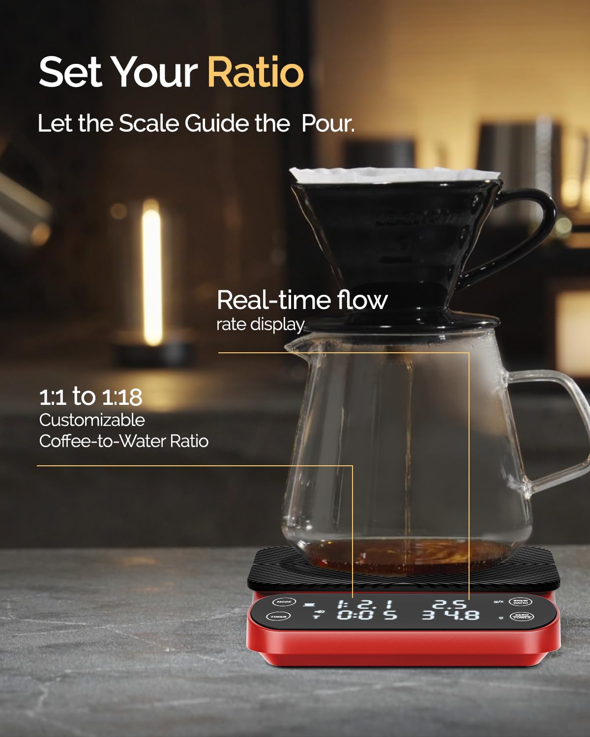 Maestri House S3 Coffee Scale with Timer, 3kg/0.1g Rechargeable Digital Scale, 3 Brew Modes, Adjustable Ratios & Flow Rate Display, Barista-Grade for Pour-Over, Espresso, French Press – Black