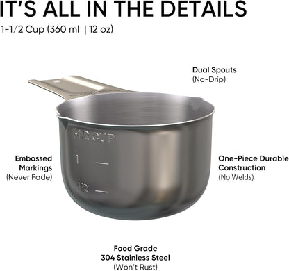 Color Up 2 Cup Measuring Cup, 480ml Stainless Steel Metal, Easy-Pour Spouts, Engraved Markings, Flat Base, Dishwasher Safe, for Dry and Liquid Ingredients