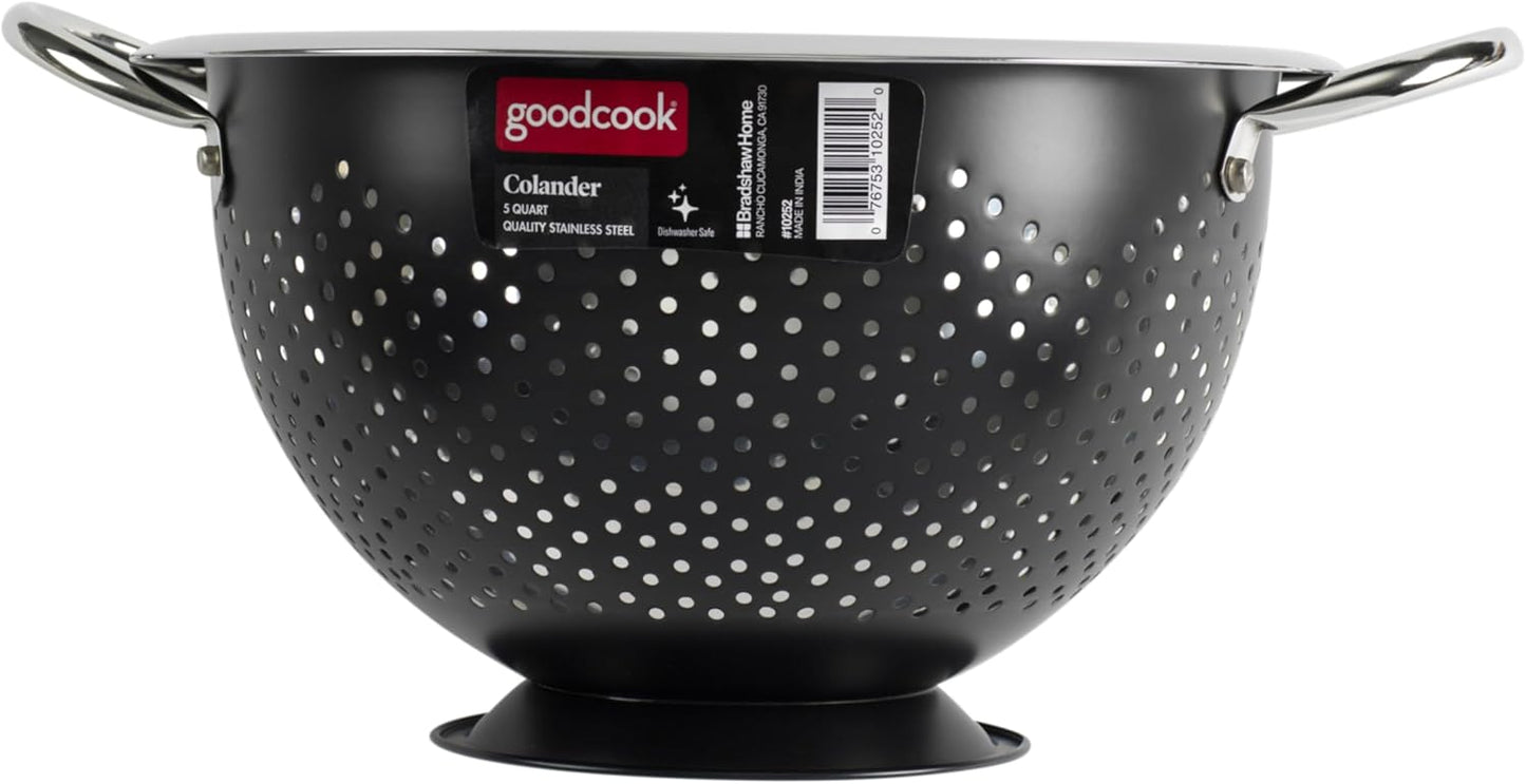 GoodCook Colander Premium Stainless Steel Construction with Handles and Elevated Pedestal Foot, 5-Quart, Black