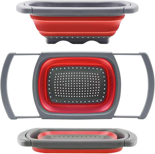 Collapsible Colander, Red Food Strainer Over the Sink Colanders Strainers with Extendable Handles, 6-Quart, Dishwasher-Safe Kitchen Folding Strainer for Pasta, Vegetables and Fruits by Polerce