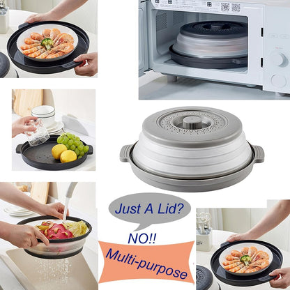 Microwave Splatter Cover with Anti-scald Base Mat, Vented Avoid Scalding Collapsible Guard Lid, Vegetable Fruit Colander Multi-function Kitchen Gadget, BPA Free, Dishwasher Safe
