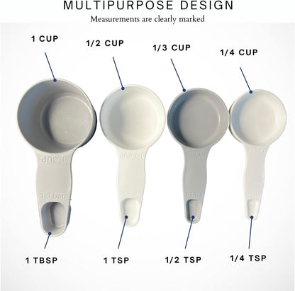 Storage Theory 2-in-1 Measuring Cups & Spoons Set (4-Piece) - Nesting Space-Saving Kitchen Gadget - BPA-Free Food Grade Plastic - Dishwasher Safe for Baking, Cooking, Coffee - White