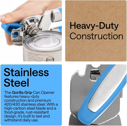 GORILLA GRIP Heavy Duty Stainless Steel Smooth Edge Manual Can Opener and Bottle Openers, US Designed, Soft Comfortable Handle, Oversized Handheld Turn Knob, Multifunctional Kitchen Tool, Black