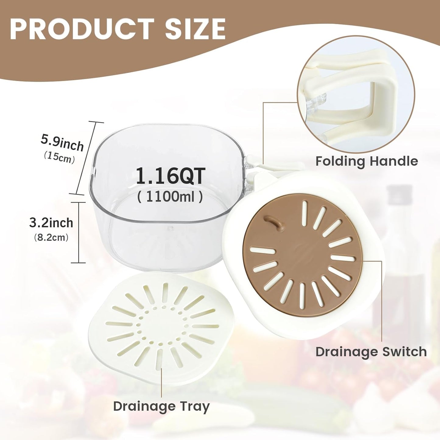 Fruit Vegetable Washing Bowl Strainer Container with Lid, Kitchen Fruit Berry Drainer Basket, Berry Keeper, Portable Fruit Colander Storage Container for Kitchen, Picnic, 2 Pack (Brown)