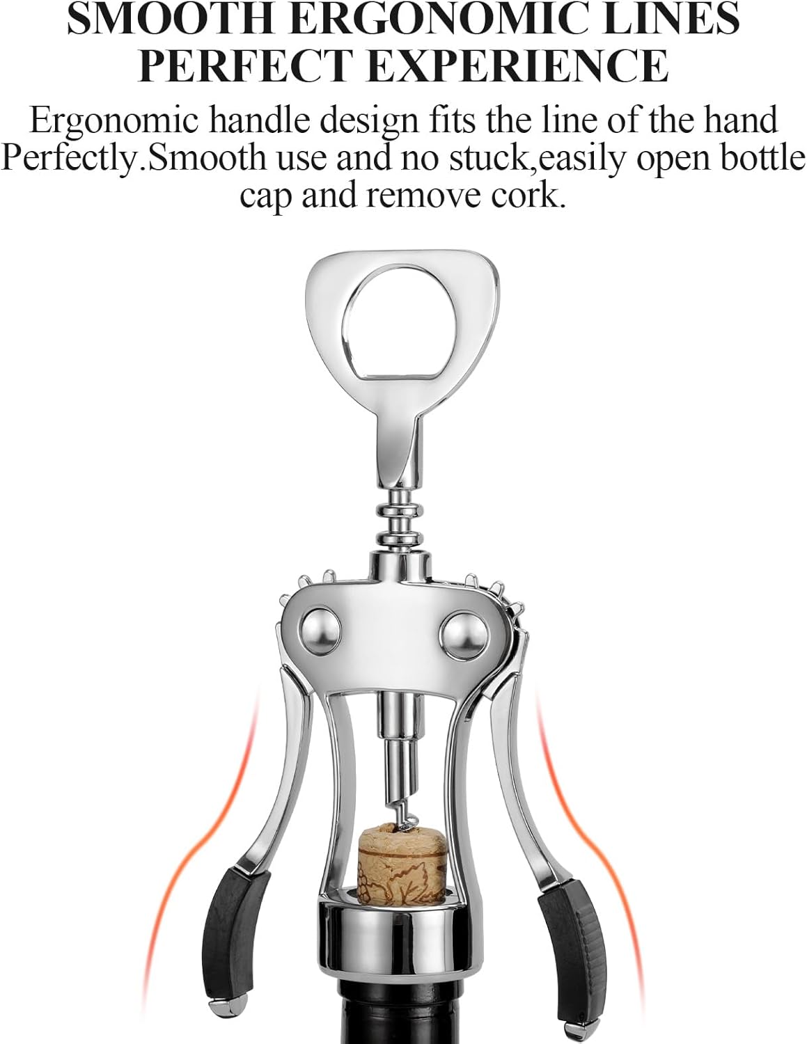 KORCCI Wine Opener, Heavy-Duty Zinc Alloy Wing Corkscrew, Premium Beer Bottle Opener, Multifunctional Wine Accessories with Ergonomic Handle and Sharp Screw, for Kitchen, Bar, Restaurant (SILVER)